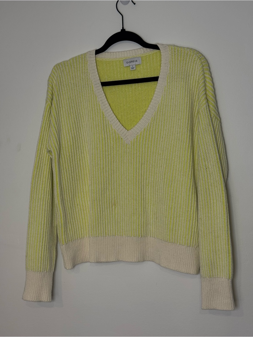 Evereve Ribbed V-Neck Striped Pullover Sweater Lime Green Cream Cotton Blend S